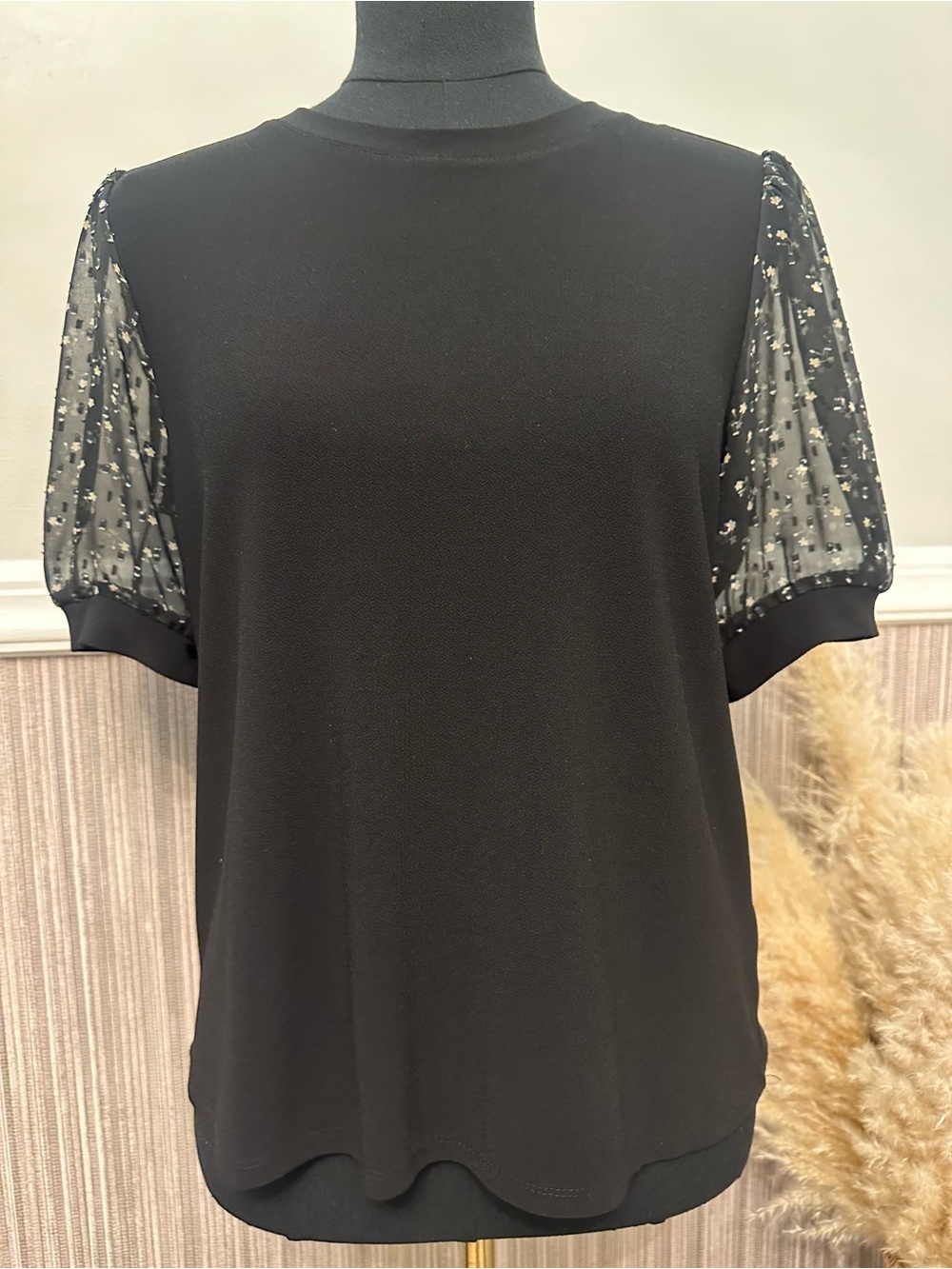 CeCe Black Floral Sheer Puff Sleeve Blouse Top Size Medium